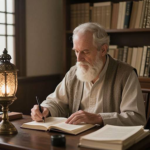 Photograph of an elderly white man with a white beard, wearing a gray vest over a white shirt, writing in an open book by a lit lantern