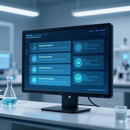 Photograph of a modern laboratory with a black computer monitor displaying blue interface icons for 