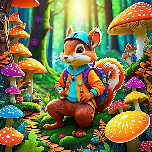 Whimsical Squirrel Boy in Vibrant Fungi Whimsical Squirrel Boy in Vibrant Fungi