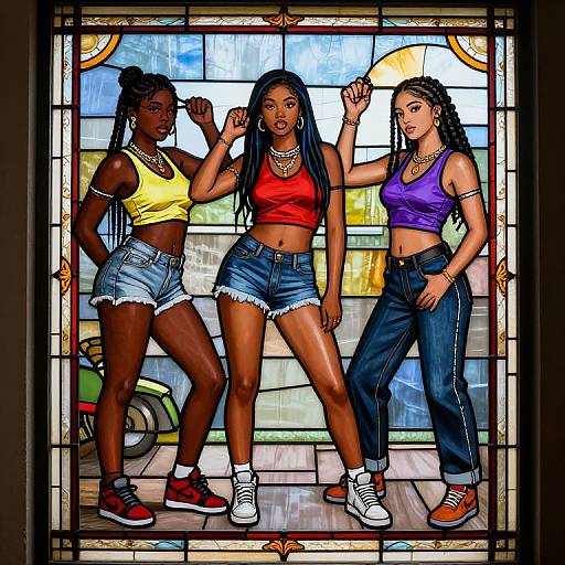 Photograph of three Black women with braids, standing in front of a stained glass window, wearing crop tops and denim shorts.
