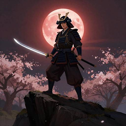 Valiant Samurai Under Crimson Moon
