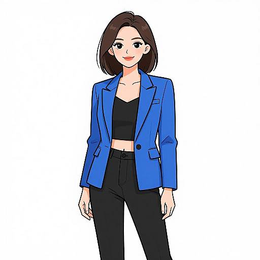 Digital anime-style drawing of a smiling woman with short brown hair, wearing a blue blazer, black crop top, and black pants.