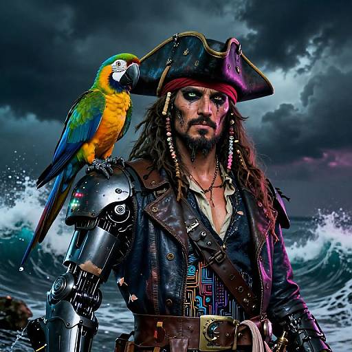Photorealistic digital artwork of a grizzled pirate with a parrot on his shoulder, wearing a tricorn hat and metallic armor, against a