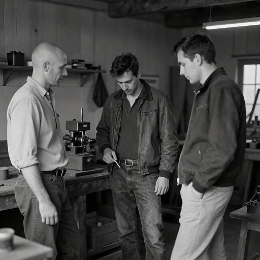 Three Men in Rustic Workshop