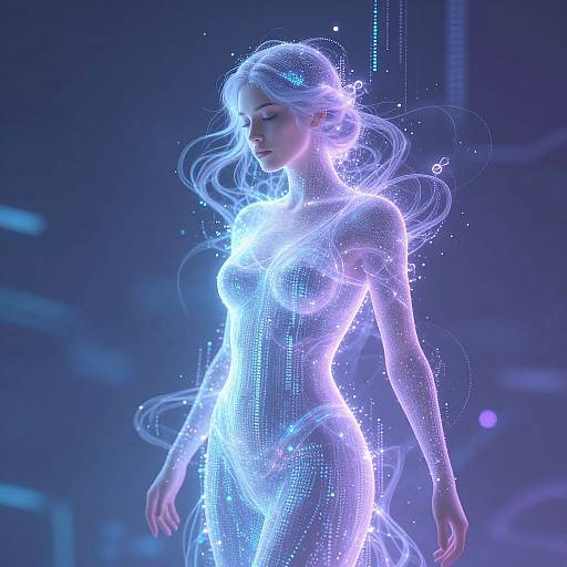 Digital art of a glowing, ethereal woman with white hair and luminous blue and purple body, surrounded by sparkling light patterns in a dark, futuristic