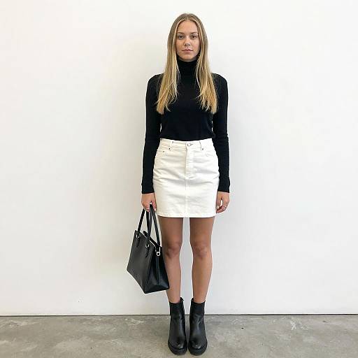 Blonde Woman in Black Turtleneck and White Mini Skirt