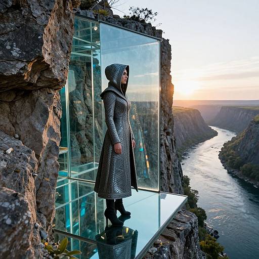 Photograph of a woman in a metallic hooded coat, standing on a glass platform, overlooking a river valley at sunset.
