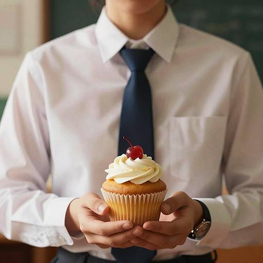 Photograph of a man in a white dress shirt and navy tie, holding a cupcake with white frosting and a cherry, in a softly lit indoor