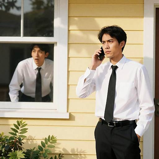 Businessman Talking on Phone Outside with Colleague Watching from Window