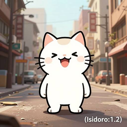 Chibi-style white cartoon cat with a happy expression stands in the middle of a sunlit urban street, blurred buildings and cars in the background. Digital
