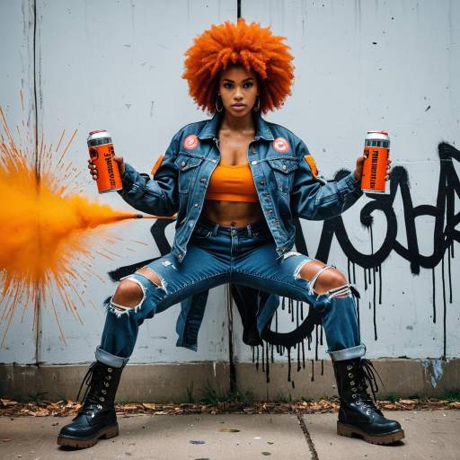 Woman with Fiery Orange Afro Spray Painting Graffiti
