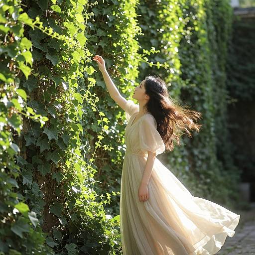 Photograph of a young woman with long brown hair, wearing a flowing, light beige dress, touching green ivy leaves in bright sunlight.