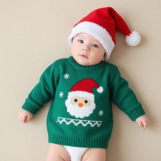Photograph of a baby with light skin, wearing a red Santa hat and green Christmas sweater with a white snowman design, lying on a beige background