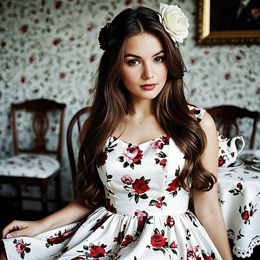 Young Woman in Floral Dress with Hair Flower