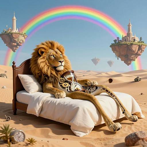 Fantasy artwork: Majestic lion with a mane lounges on a white-bedded wooden frame in a desert, under a vibrant rainbow, with floating