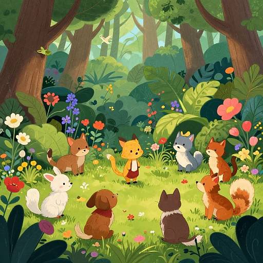 Whimsical digital illustration of colorful forest animals, including foxes, rabbits, and a dog, sitting among vibrant flowers and lush greenery.