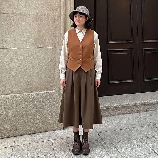 Photograph of an Asian woman in vintage attire: brown vest, white blouse, brown skirt, black boots, and gray hat, standing against a stone