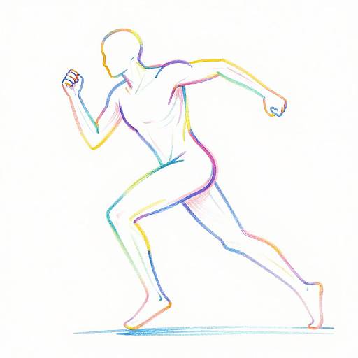 Colorful line drawing of a running silhouette with rainbow outlines, showing dynamic motion, right arm raised, left arm back, and right leg forward.