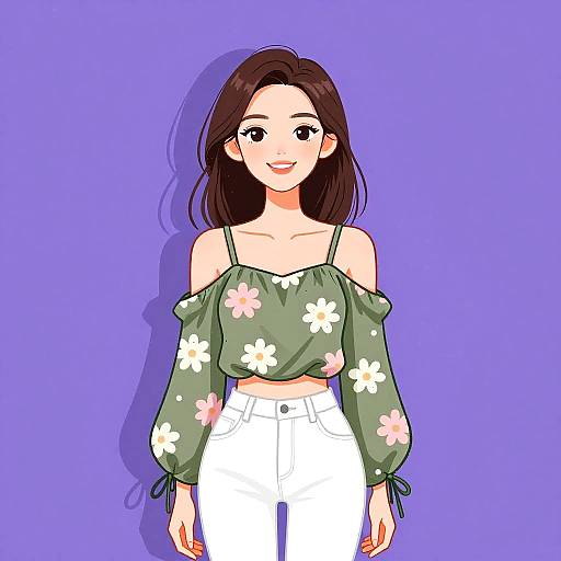Digital anime-style drawing of a smiling young woman with long brown hair, wearing a green floral off-shoulder top and white high-waisted pants