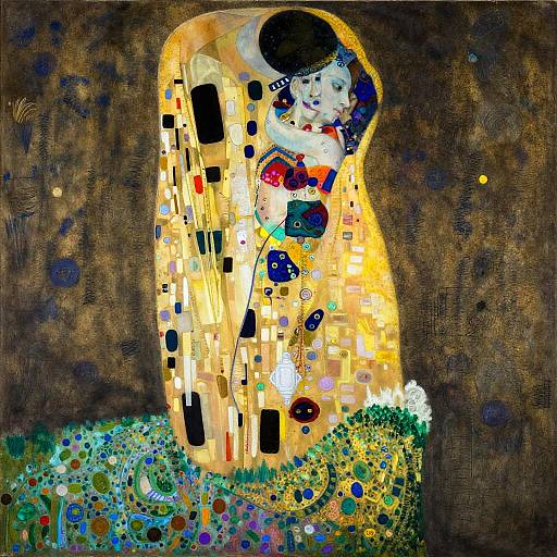 Klimt-Style Androgynous Dancer in Patterned Landscape