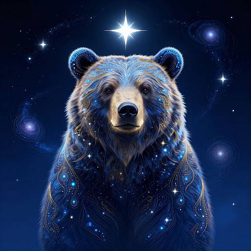 Digital art of a majestic, star-embellished bear with glowing blue fur and intricate golden patterns, centered against a dark, starry background.