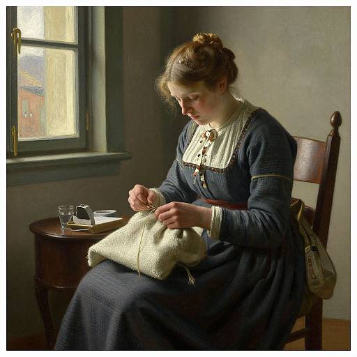 Photograph of a young woman in a blue Victorian dress, sewing a cream-colored bag by a sunlit window in a rustic room.