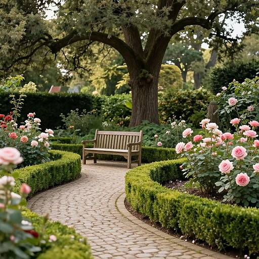 Photograph of a serene garden pathway with curved brick walkway, wooden bench, lush greenery, pink roses, and a large tree canopy.