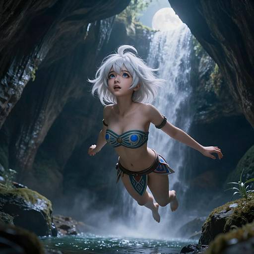 Moonlit Bioluminescent Tribal Waifu at Waterfall