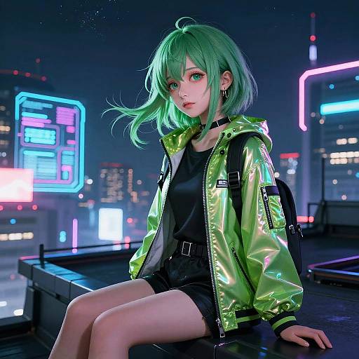 Cyberpunk Anime Girl on Rooftop
