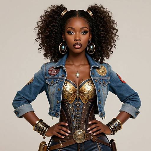 Photograph of a confident Black woman with curly hair, wearing a blue denim jacket, gold-bust corset, and gold accessories, hands on hips