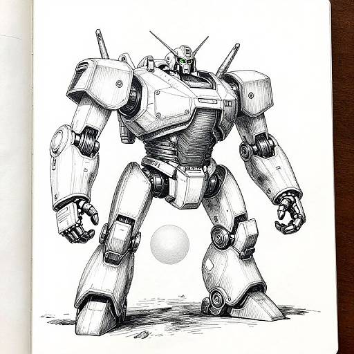 Black-and-white ink drawing of a large, detailed, humanoid robot with angular armor, two weapons on back, and powerful stance.