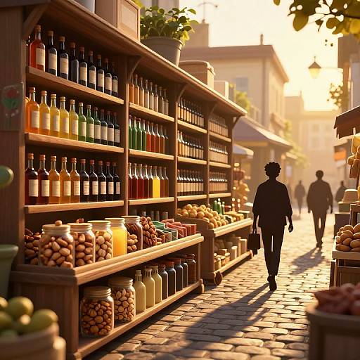 Sunlit market street with wooden shelves filled with various bottles and jars, silhouetted person walking, two blurred figures in background.