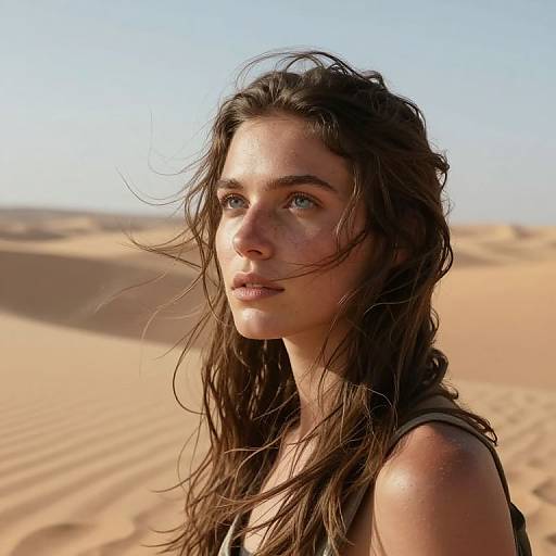 Photograph of a young woman with long, wet, brown hair and blue eyes, standing in a sunlit desert with golden sand dunes in the