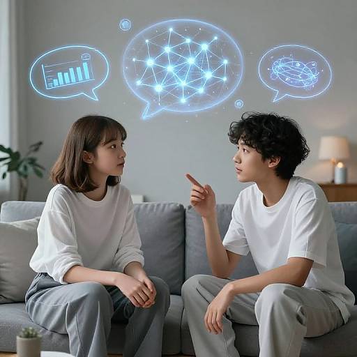 Photograph of Asian couple in white clothes, sitting on gray couch, discussing with glowing blue thought bubbles above; left bubble: bar graph, right bubble