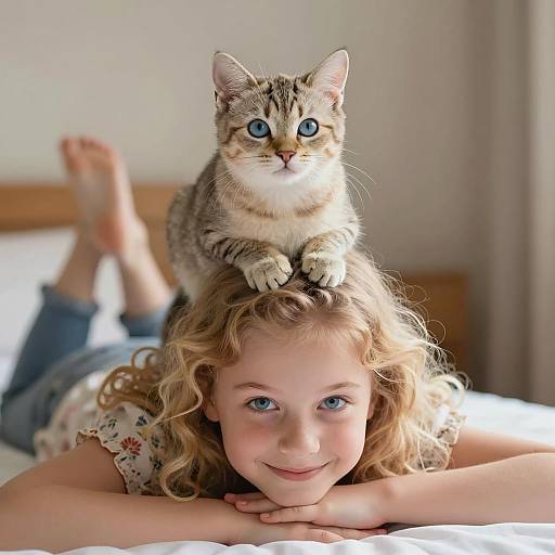 Girl with Tabby Kitten on Head