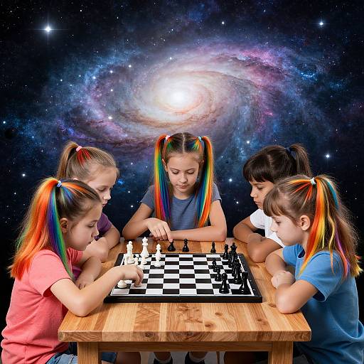 Children Playing Chess Under Cosmic Sky