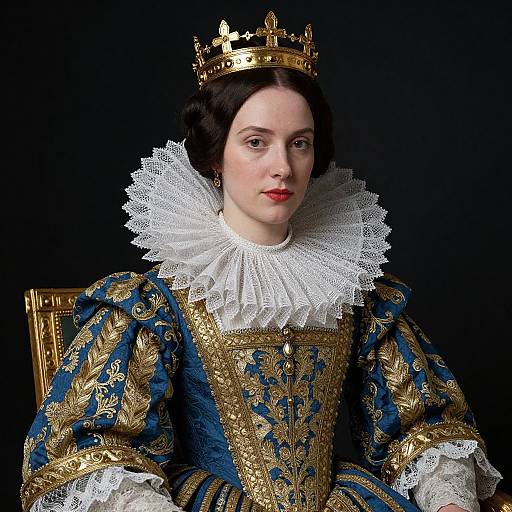 Photograph of a fair-skinned woman with dark hair, wearing a gold crown, blue and gold embroidered Renaissance gown, and white lace ruff,