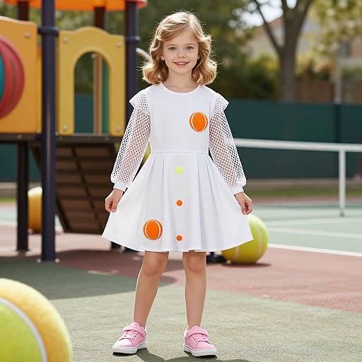 Photograph of a smiling young girl with light brown hair in a white dress with orange polka dots, mesh sleeves, pink shoes, standing on a