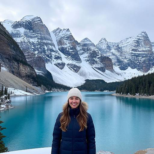 Photograph of a smiling woman with long brown hair, wearing a white knit hat and black winter coat, standing in front of a serene, snow-c