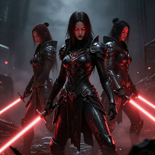 Digital CGI of three fierce, red-eyed women warriors with black, ornate armor and glowing red lightsabers, standing in a foggy, dark