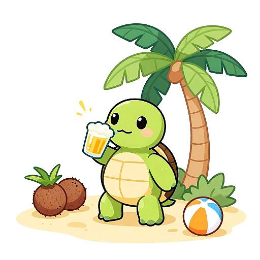 Cartoon Turtle Enjoying Island Beer