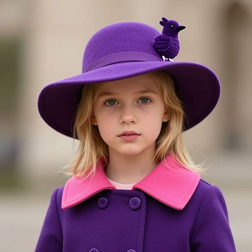Blonde Girl in Purple Hat and Coat