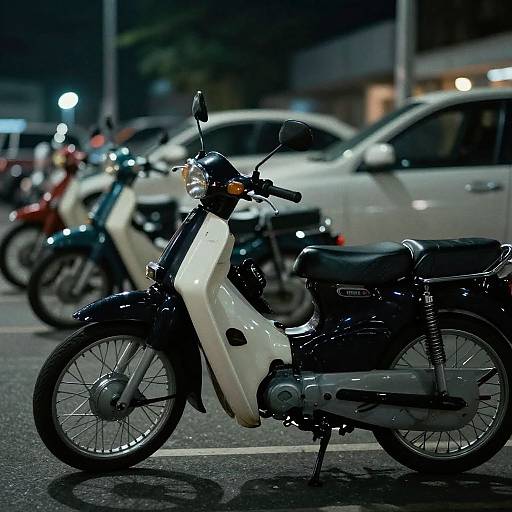 Nighttime photograph of a white and black scooter parked in a city street, with blurred cars and streetlights in the background.