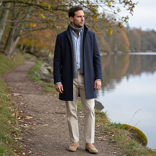 Photograph of a man in a navy coat, gray scarf, white shirt, beige pants, and tan shoes, standing on a forest path beside a