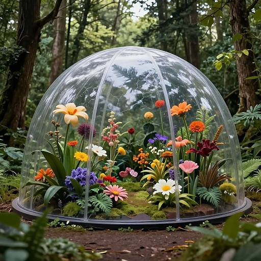 Photograph of a vibrant glass dome greenhouse in a forest, filled with colorful flowers including orange, yellow, pink, and purple blooms surrounded by lush green