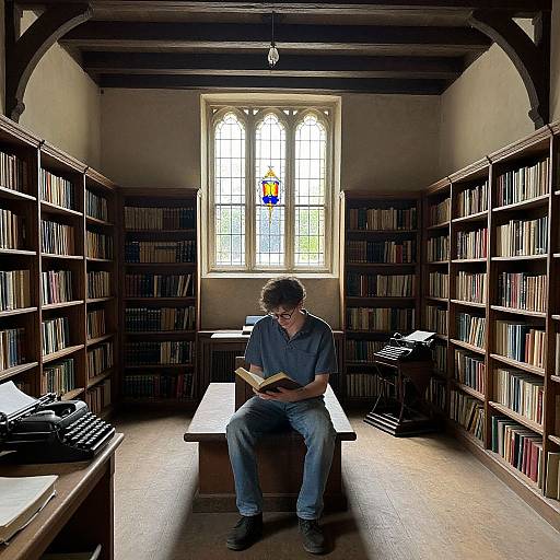 Photograph of a man with curly hair, wearing a blue shirt and jeans, reading a book in a dimly lit, wooden library with tall book