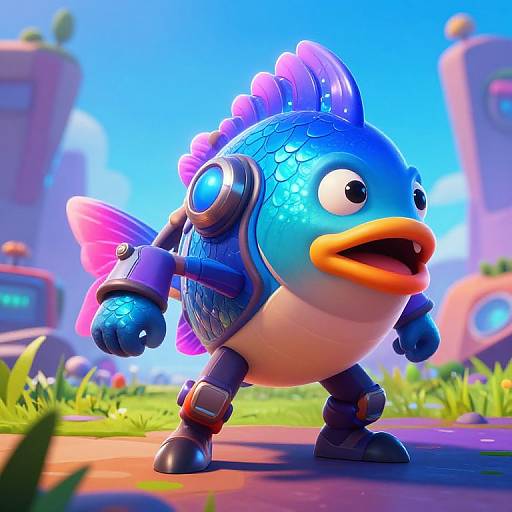 Vibrant CGI image of a blue, fish-like robot with metallic scales, orange beak, and pink fins, standing on a grassy path