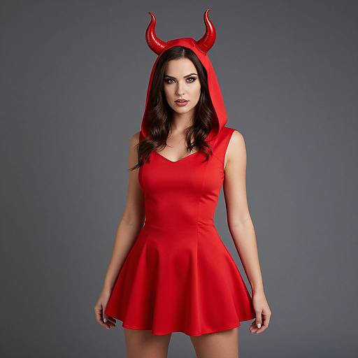 Photograph of a fair-skinned woman with dark hair wearing a red devil costume, including a hood with horns, red sleeveless dress, and standing