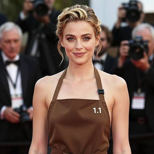 Photograph of a smiling blonde woman with styled hair wearing a brown apron with 