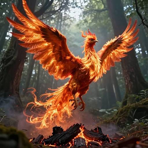 Photorealistic digital artwork of a fiery phoenix with vibrant orange and red feathers, soaring above a blazing forest fire in a dense, misty woodland.